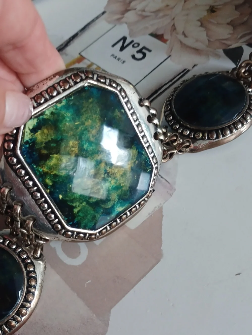 Chicos Leather Belt With Large Green Stones